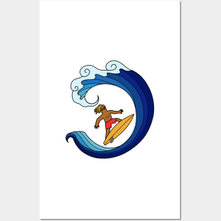 Surfer on blue wave sea ocean. Summer outdoor sport activity concept. Posters and Art